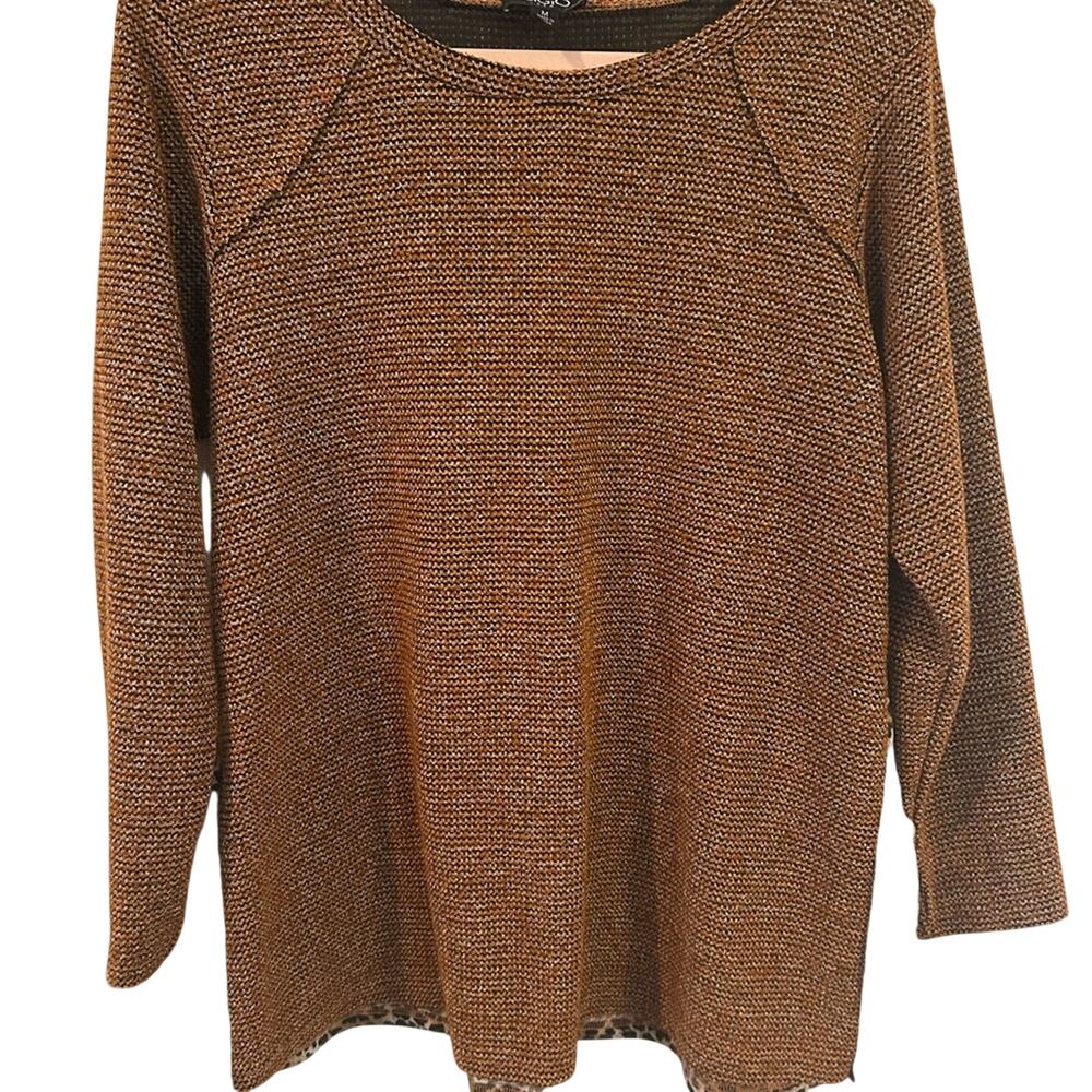 Gigio Chic Brown Knit Sweater Full Back Animal Leopard Print Accent Pullover M